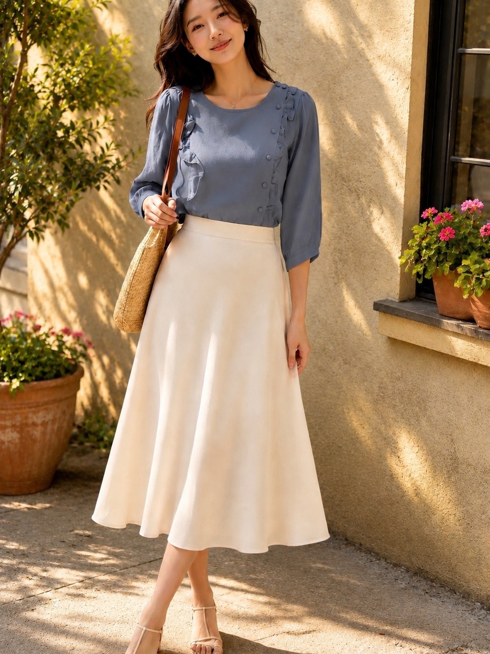 NWT Tulip B Elegant Cream Midi Skirt with High Waist Lined Pockets - Picture 4 of 7